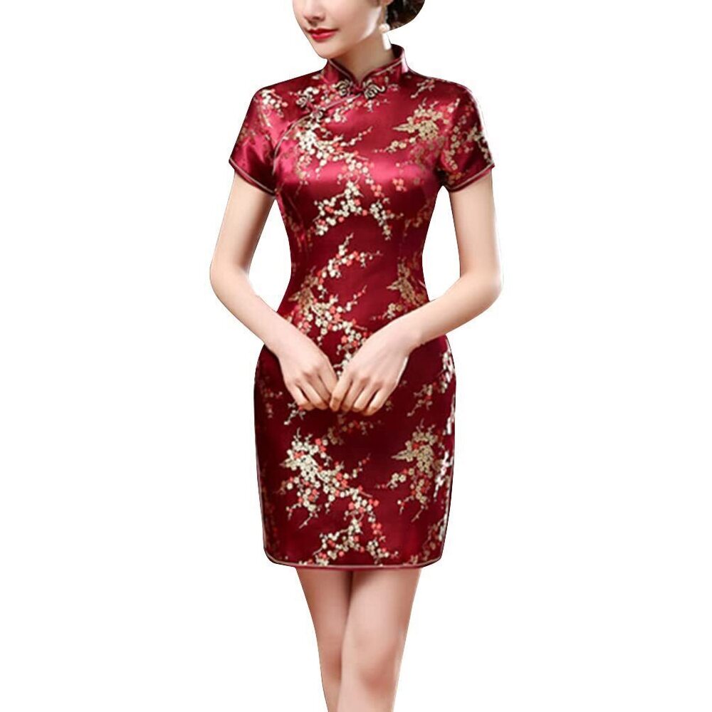 8988 Traditional Cheongsam Costume Print High Slit Side Chinese New Year